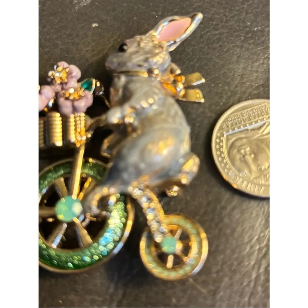 New Napier Rabbit on Bicycle Brooch with Pink Flowers and Green Wheels